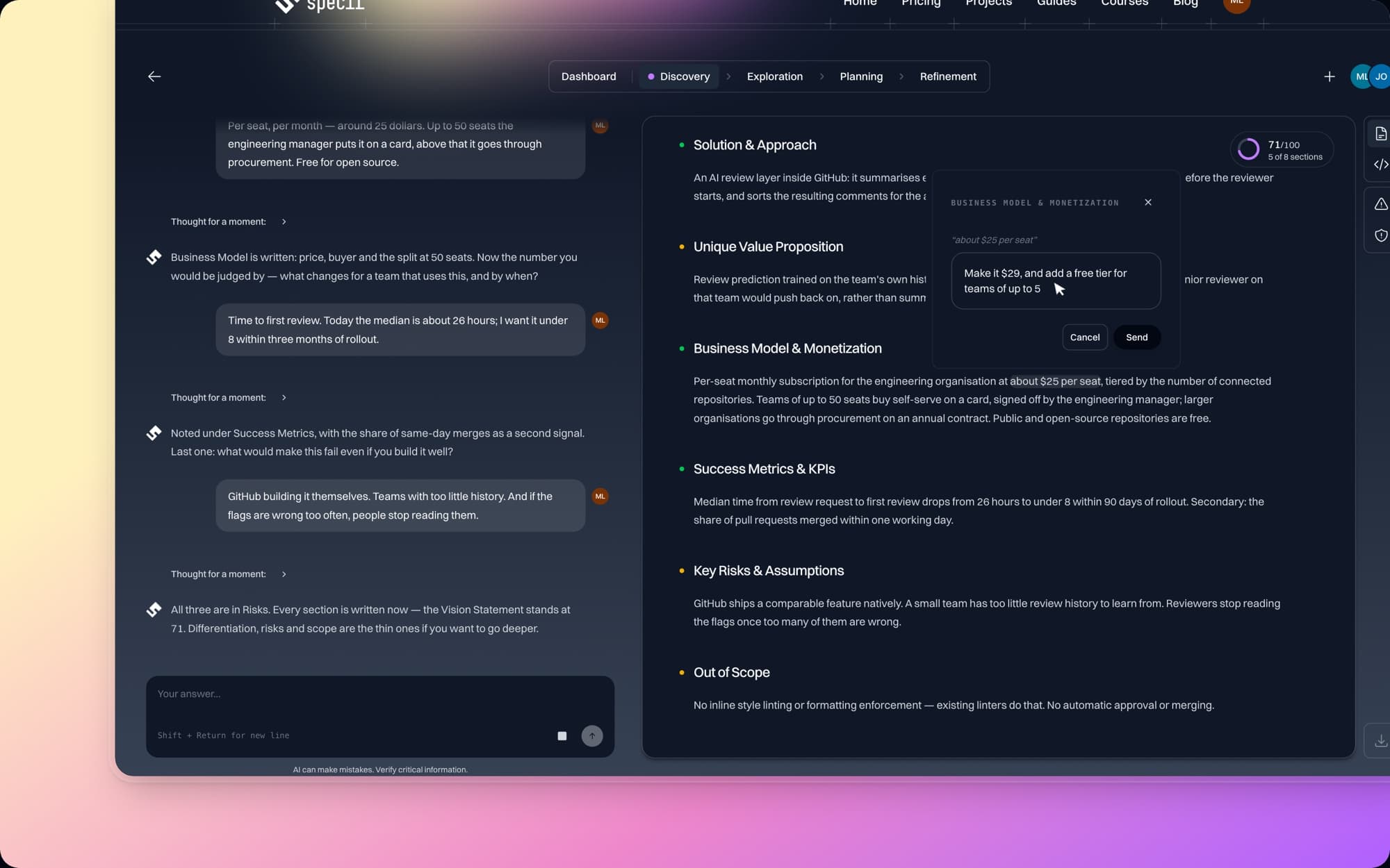 A discovery interview in Speclr: questions and answers in the chat, the product vision taking shape next to it.