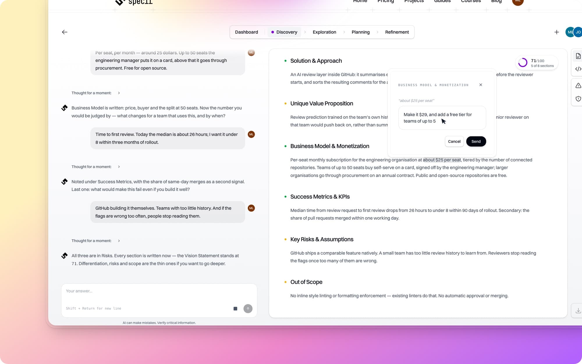 A discovery interview in Speclr: questions and answers in the chat, the product vision taking shape next to it.