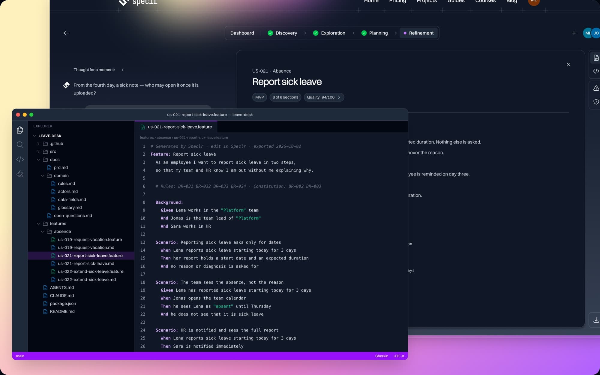 A .feature file exported from Speclr for the story “Report sick leave”.