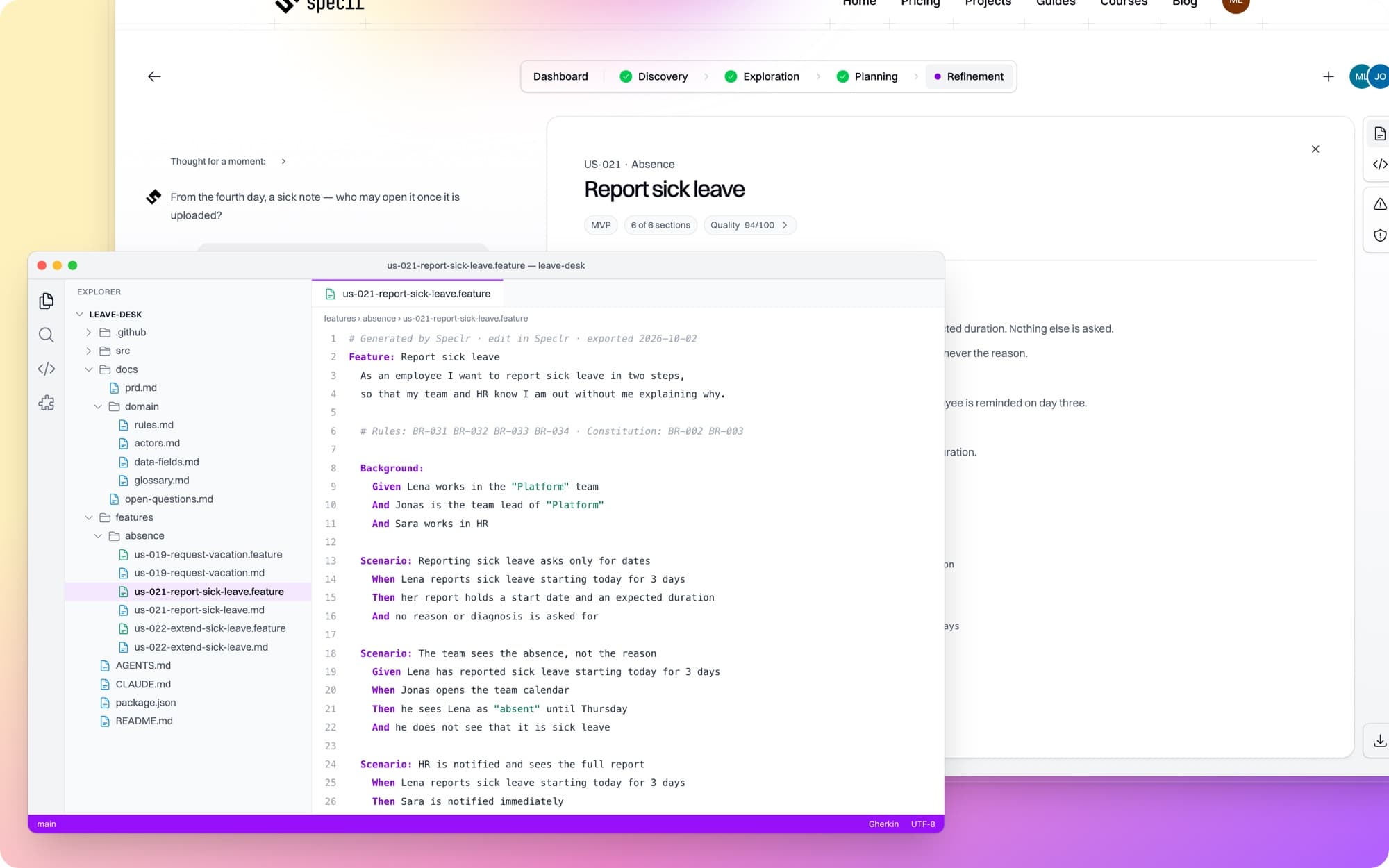 A .feature file exported from Speclr for the story “Report sick leave”.