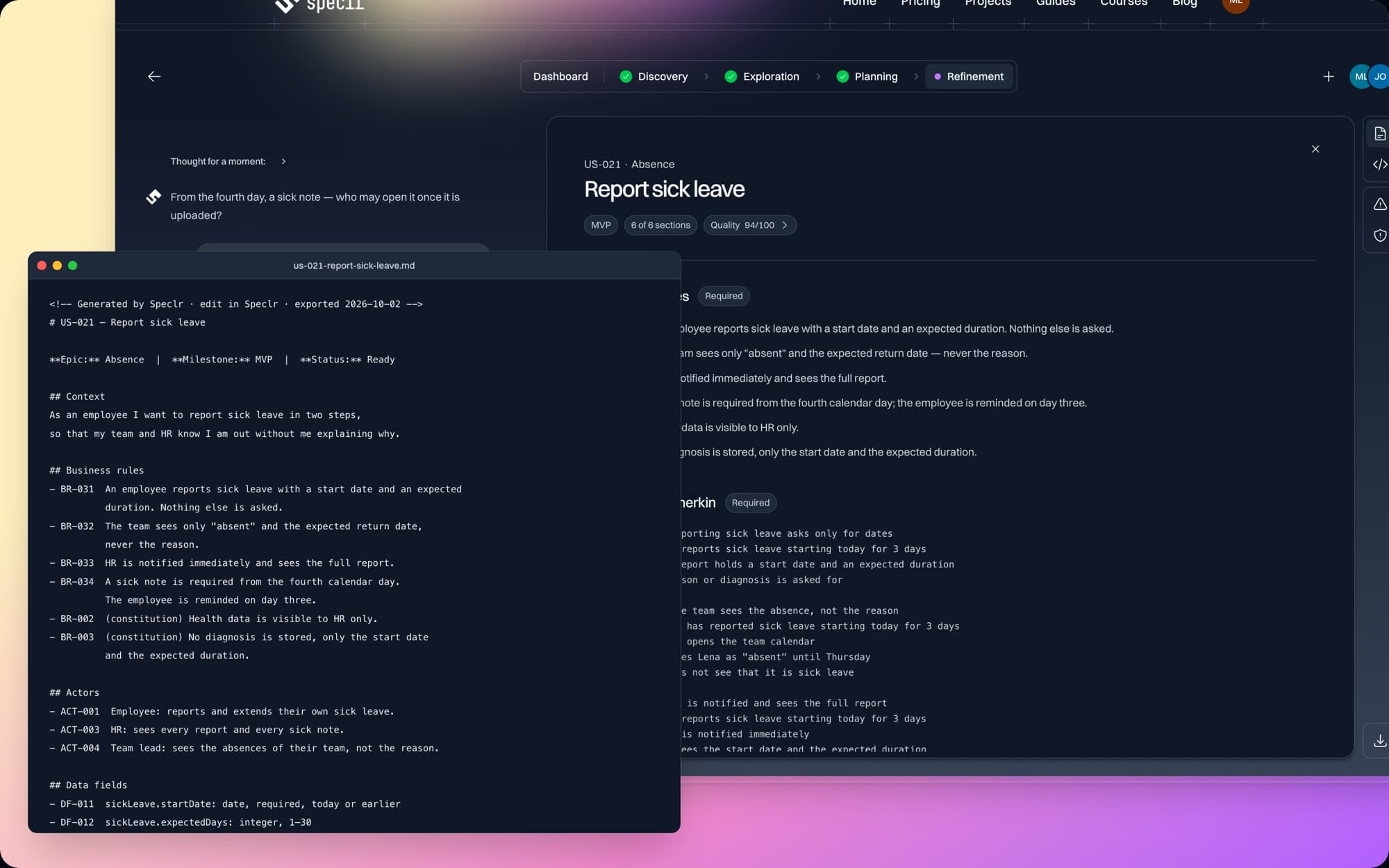 A Speclr story artifact for “Report sick leave” with rules and Given/When/Then scenarios.