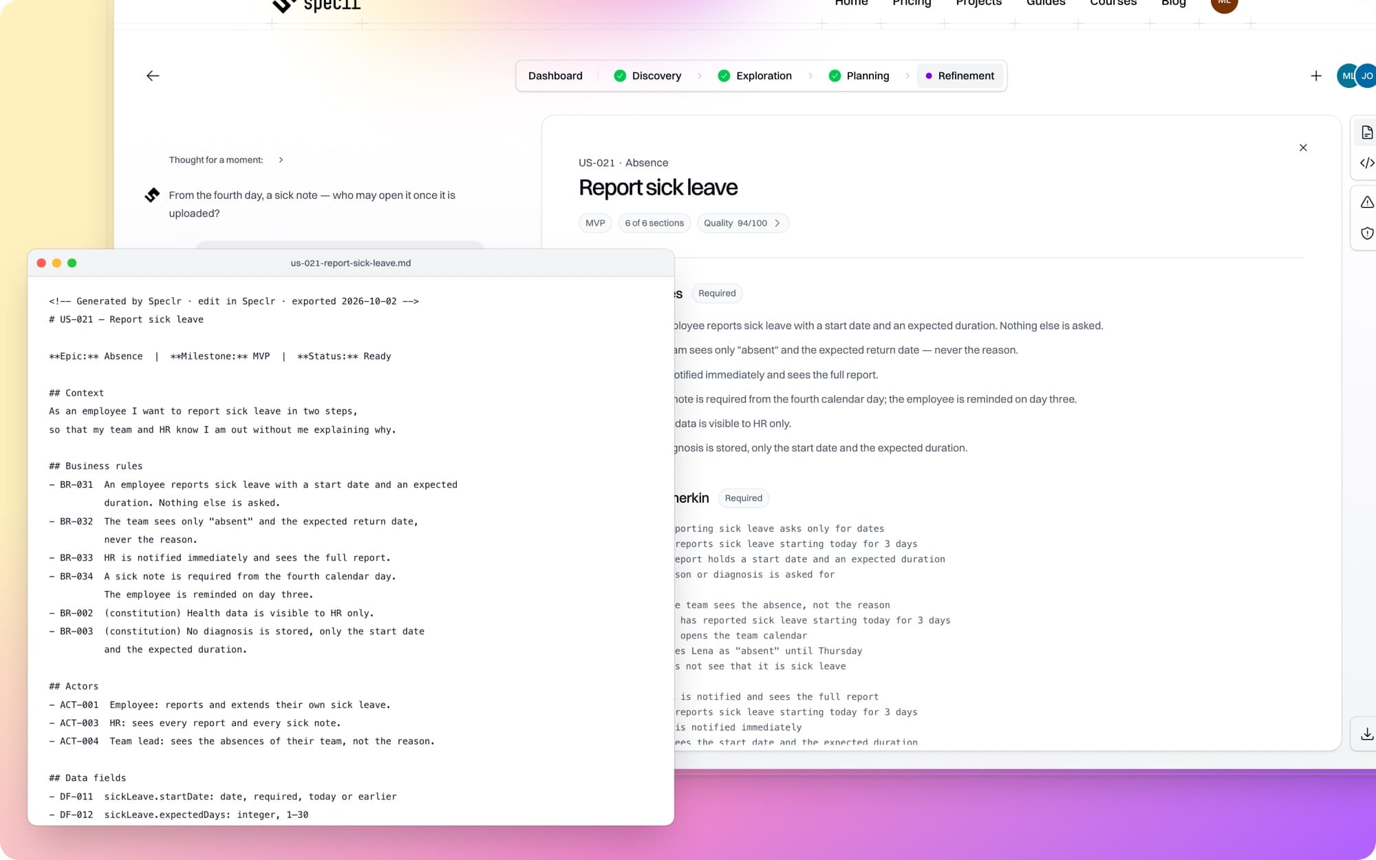 A Speclr story artifact for “Report sick leave” with rules and Given/When/Then scenarios.